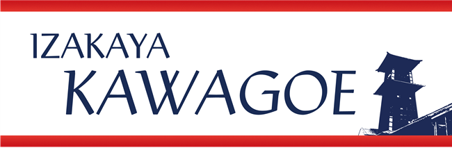 Izakaya Kawagoe logo in navy blue on white background with red borders